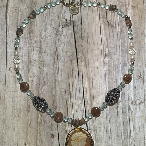 Estate Gold Fill Carved Shell Cameo Abalone Shell, Freshwater Pearl, Brown Rhodochrosite, Pale Blue Glass Necklace