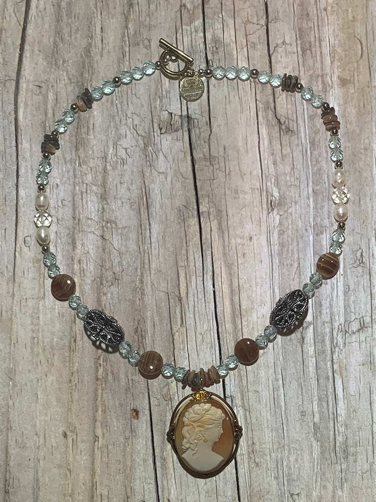 Estate Gold Fill Carved Shell Cameo Abalone Shell, Freshwater Pearl, Brown Rhodochrosite, Pale Blue Glass Necklace