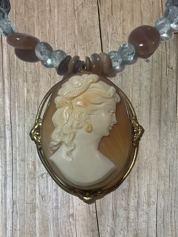 Estate Gold Fill Carved Shell Cameo Abalone Shell, Freshwater Pearl, Brown Rhodochrosite, Pale Blue Glass Necklace