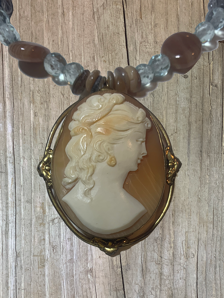 Estate Gold Fill Carved Shell Cameo Abalone Shell, Freshwater Pearl, Brown Rhodochrosite, Pale Blue Glass Necklace