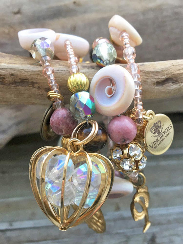 Chunky Mixed Brass Charm Crystal Gemstone & Glass Coil Locket Bracelet