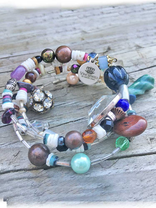 Gemstone & Shell Mixed Vintage Glass & Lucite Glitz Coil Bracelet