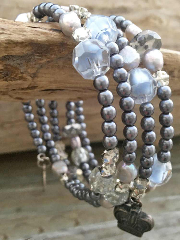 Gray Mood Rhinestone Freshwater Pearl Vintage Bead Crown Charm Coil Bracelet