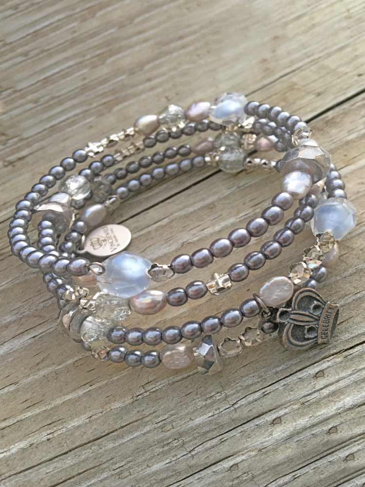 Gray Mood Rhinestone Freshwater Pearl Vintage Bead Crown Charm Coil Bracelet