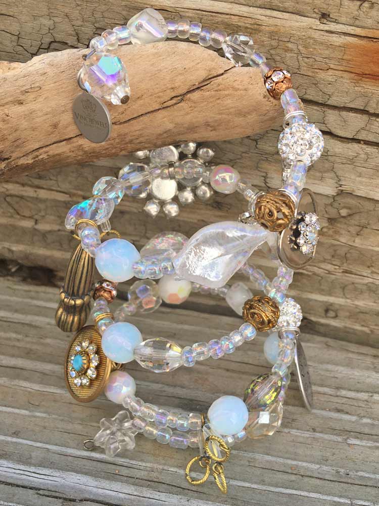 New Day Glam Clear Ice Crystal Rhinstone Glass Vintage Brass Charm Coil Bracelet