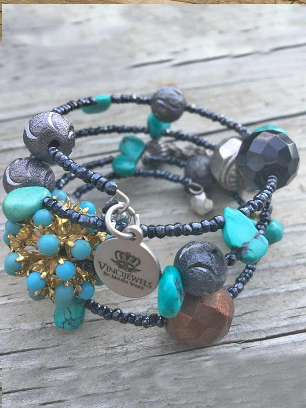 Dark Nights Turquoise w Gunemtal Old Glass Beads Tribal Drop Coil Bracelet