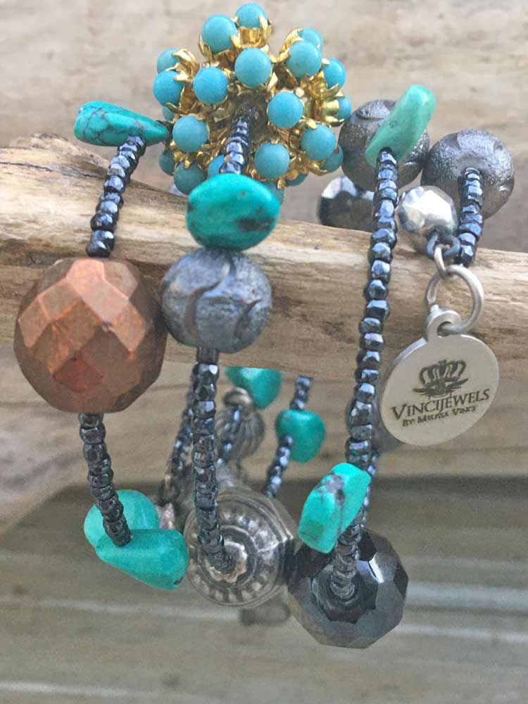 Dark Nights Turquoise w Gunemtal Old Glass Beads Tribal Drop Coil Bracelet