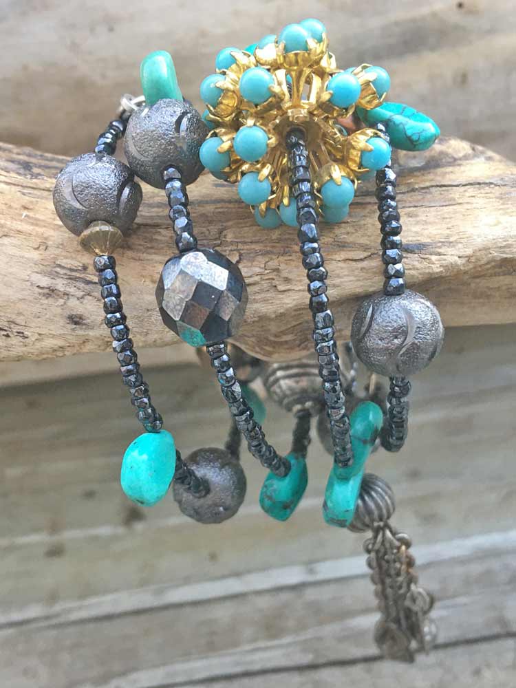 Dark Nights Turquoise w Gunemtal Old Glass Beads Tribal Drop Coil Bracelet