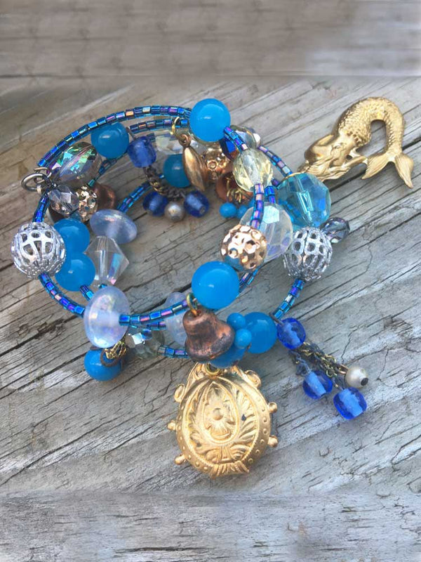 Mermaid Visions Blue Stone Mixed Brass Charms & Glass Crystal Coil Bracelet