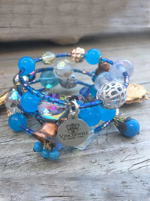 Mermaid Visions Blue Stone Mixed Brass Charms & Glass Crystal Coil Bracelet