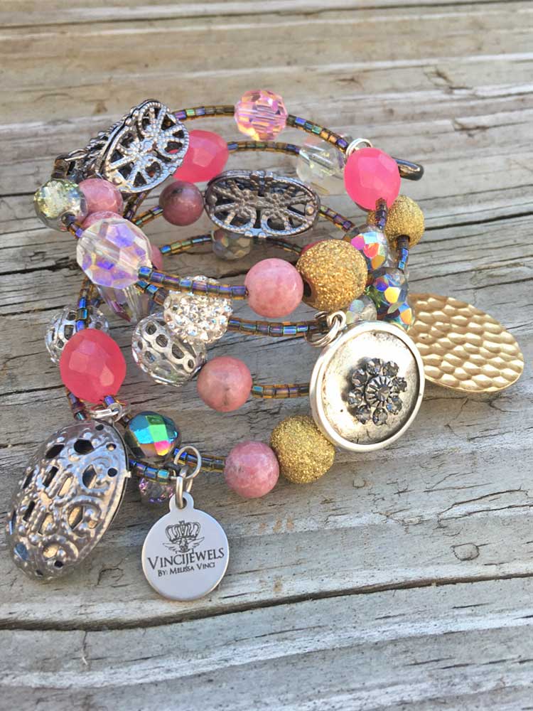 Pink In Yourself Gemstone Crsytal Mixed Brass & Metal Filigree Textured Charm Coil Bracelet