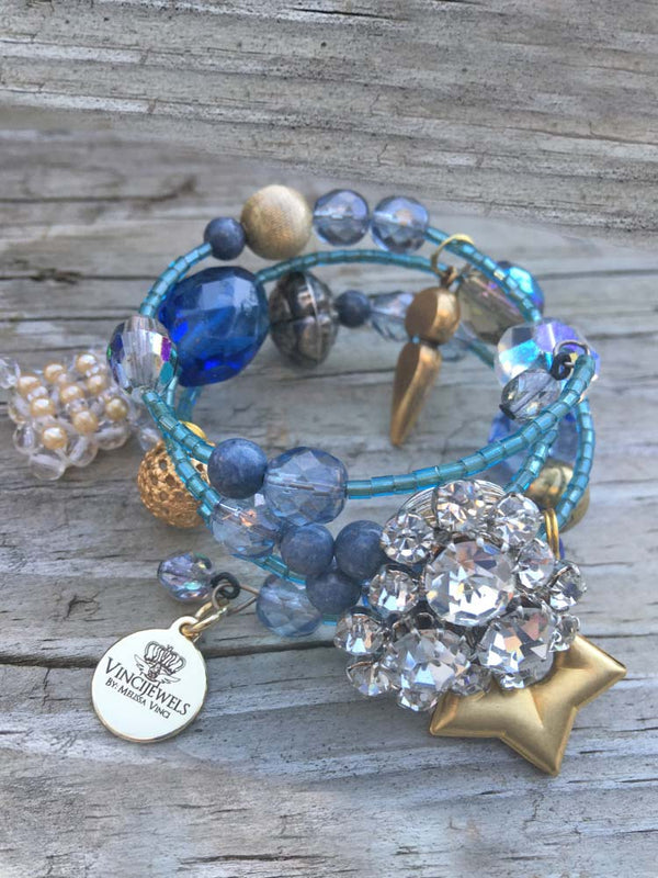 Sweet Dreams Blue Glass Crystal Rhinstone Mixed Brass Charm Coil Bracelet