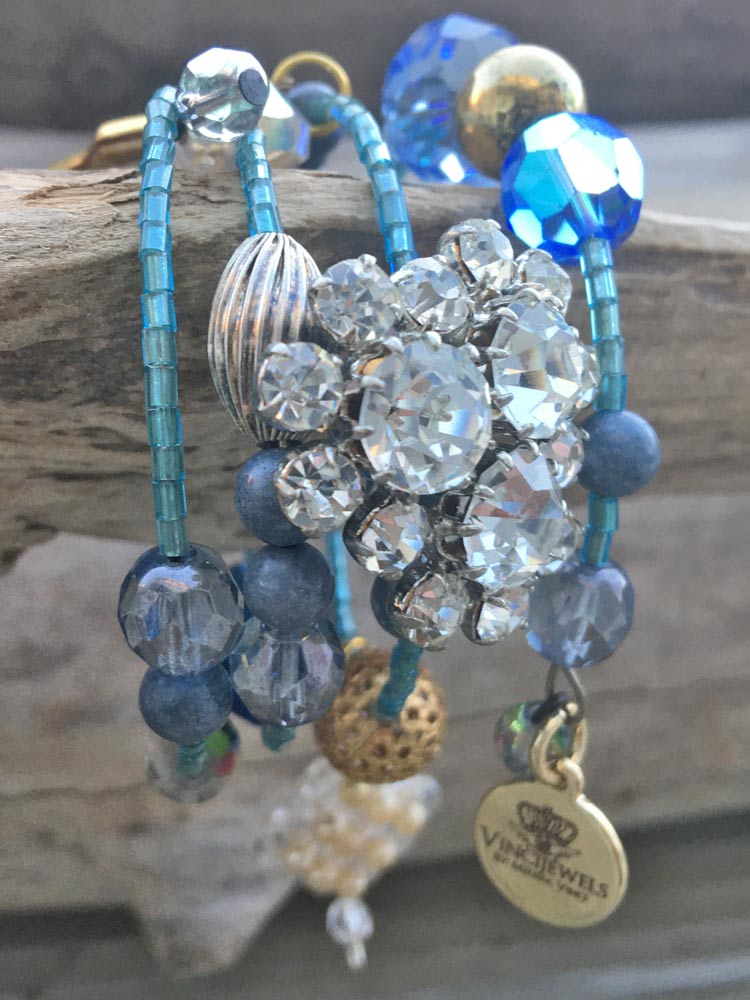 Sweet Dreams Blue Glass Crystal Rhinstone Mixed Brass Charm Coil Bracelet