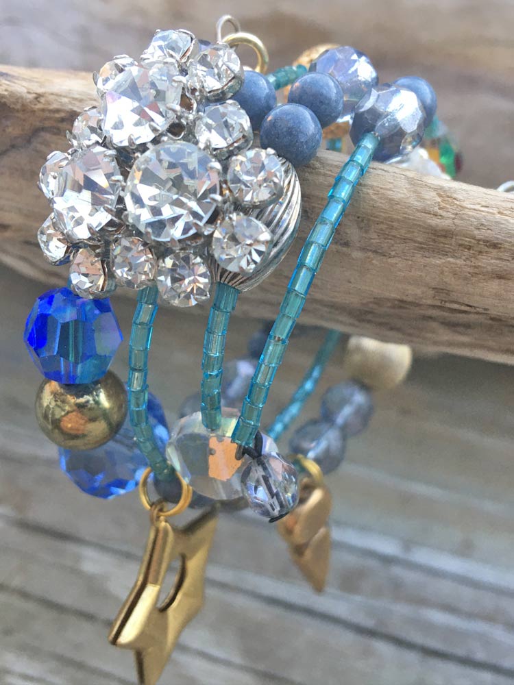 Sweet Dreams Blue Glass Crystal Rhinstone Mixed Brass Charm Coil Bracelet