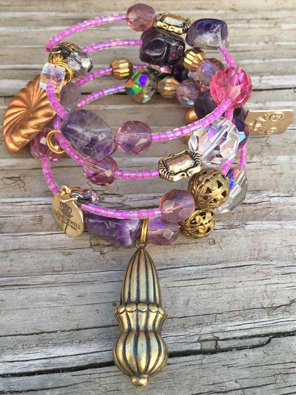 Royalty Amethyst Stone Fuschia Mix Crystals Fancy Gatsby Bead Charm Coil Bracelet