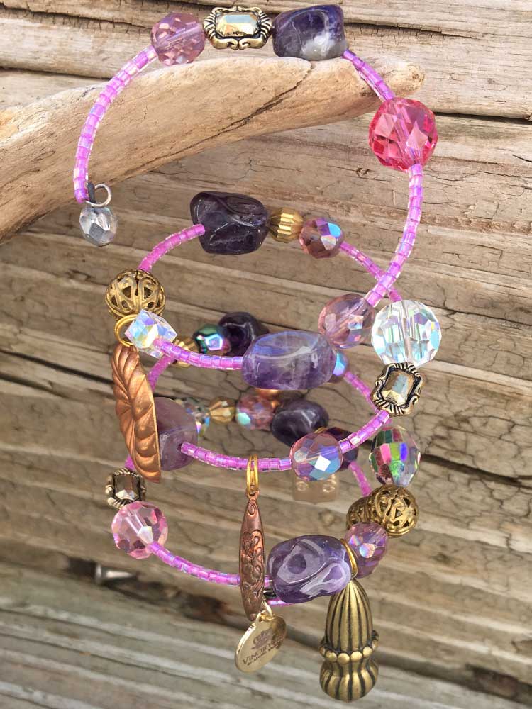 Royalty Amethyst Stone Fuschia Mix Crystals Fancy Gatsby Bead Charm Coil Bracelet