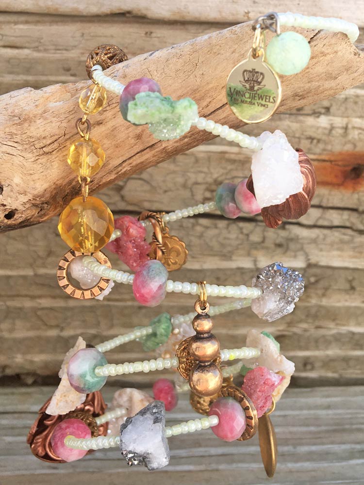 Pastel Fields Mixed Druzy Stone Candy Jade Chunky Fancy Charm Coil Bracelet