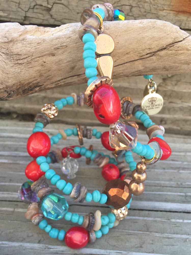 Indian Summer Red Coral Turquise Blue Glass & Crystal Chunky Brass Charm Coil Bracelet