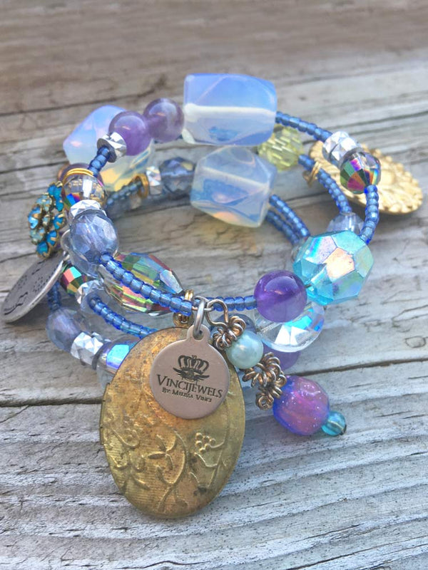 Celestial Glow Amethst & Opalite Crystal & Vintage Glass Brass Locket Charm Coil Bracelet