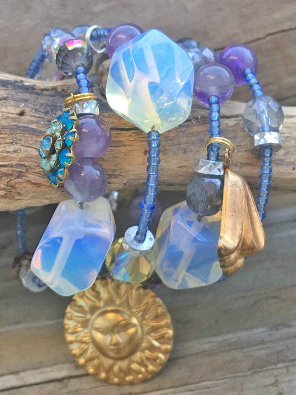 Celestial Glow Amethst & Opalite Crystal & Vintage Glass Brass Locket Charm Coil Bracelet