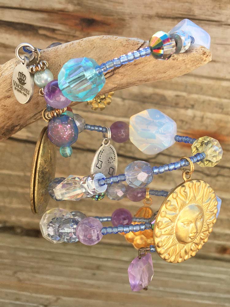 Celestial Glow Amethst & Opalite Crystal & Vintage Glass Brass Locket Charm Coil Bracelet