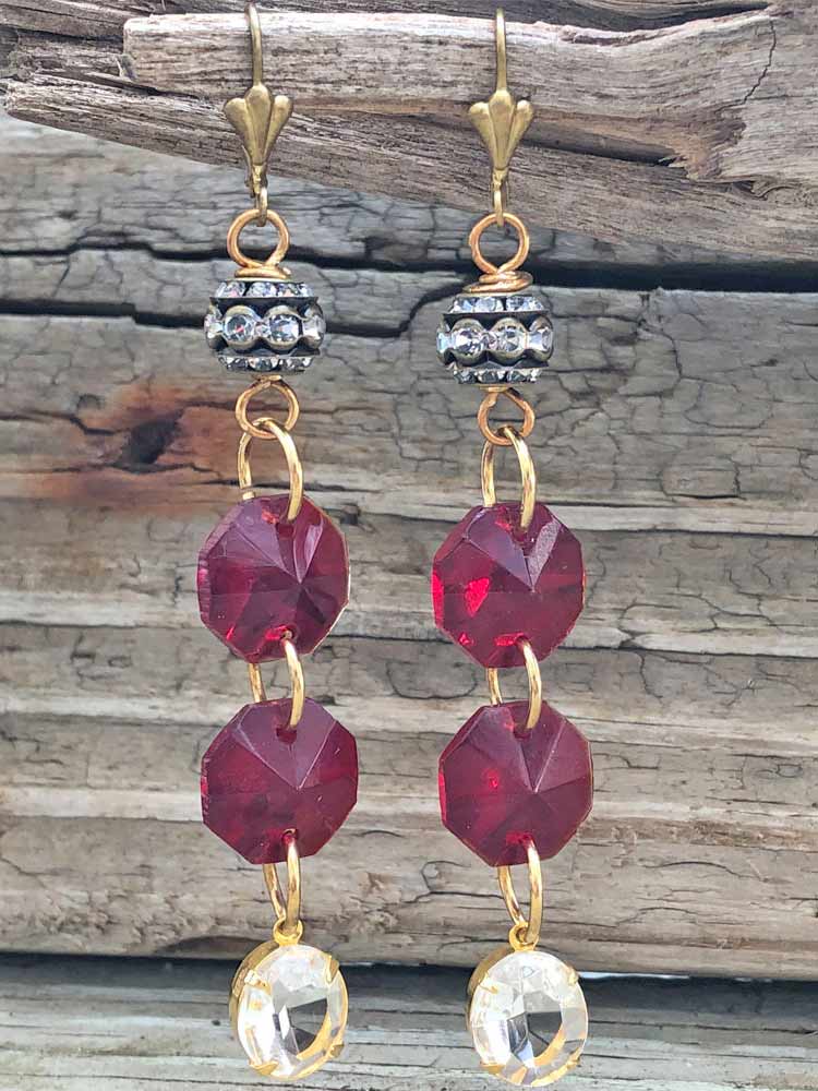 Vintage Red Glass Chandelier Prism Stacked Rondell Crystal Dangle Earrings