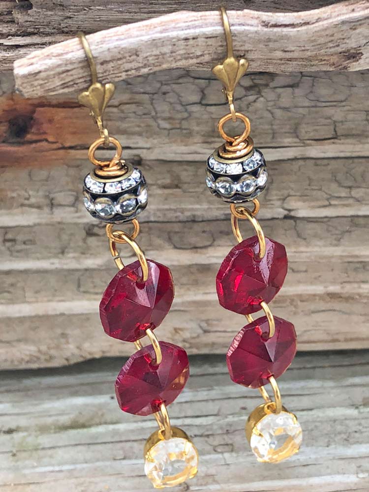 Vintage Red Glass Chandelier Prism Stacked Rondell Crystal Dangle Earrings