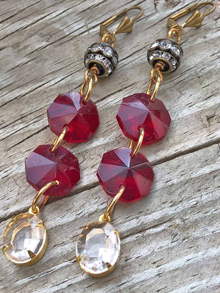 Vintage Red Glass Chandelier Prism Stacked Rondell Crystal Dangle Earrings