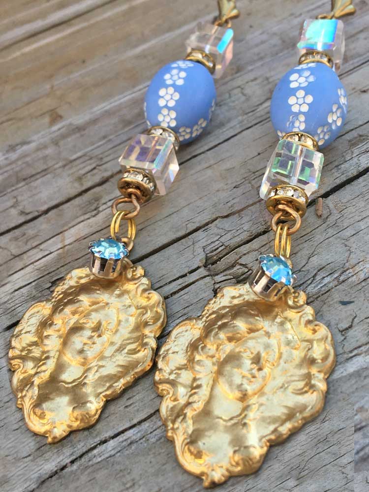 Large Brass Beautiful Lady Cameo Elongated Crystal Cube & French Lucite Earrings