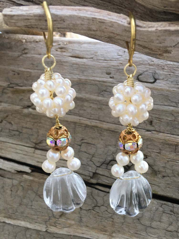 Freshwater Pearl Woven Beadball Clear Quartz Fan Shape Dangle Earrings