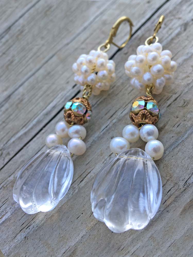 Freshwater Pearl Woven Beadball Clear Quartz Fan Shape Dangle Earrings