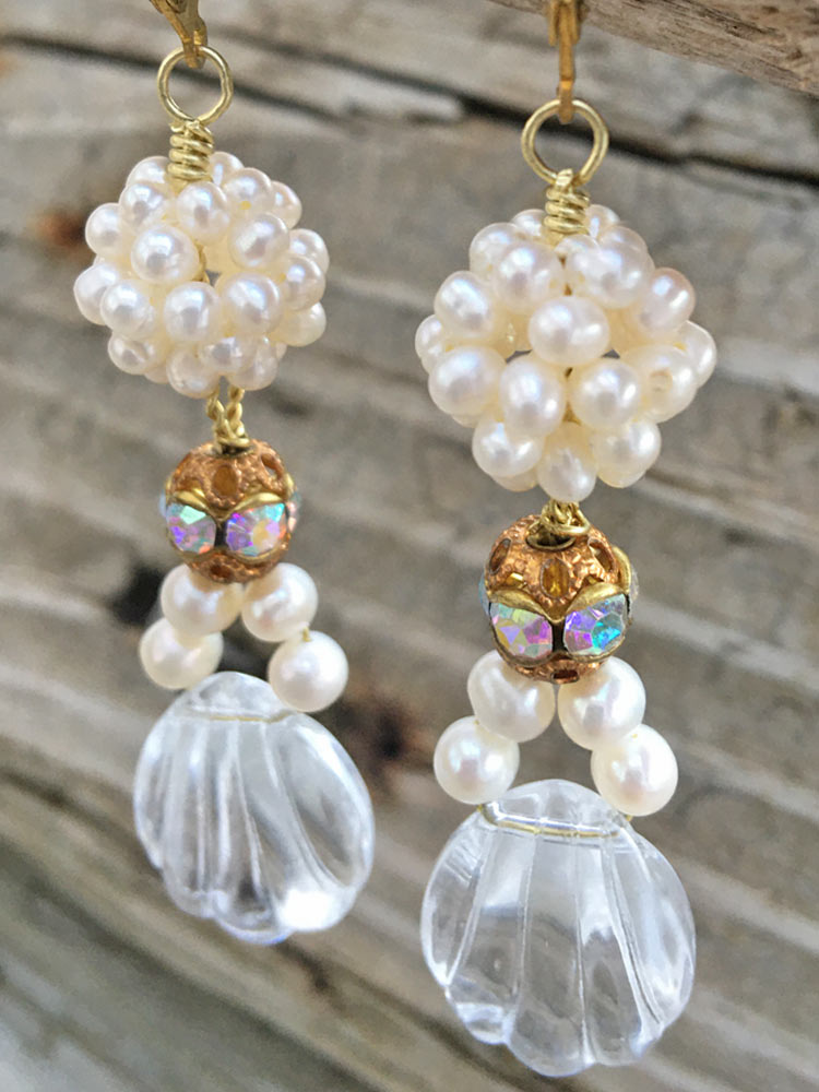 Freshwater Pearl Woven Beadball Clear Quartz Fan Shape Dangle Earrings