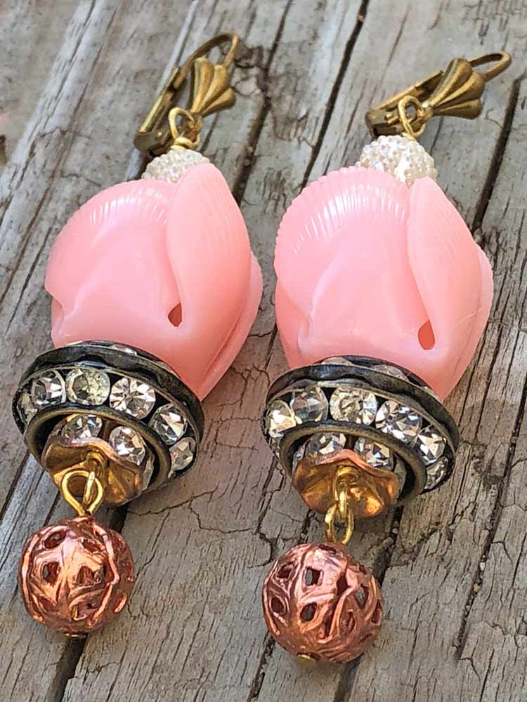 Pink Sculpted Lucite Flower Petal Rhinestone Saucer Copper Filigree Drop Earrings