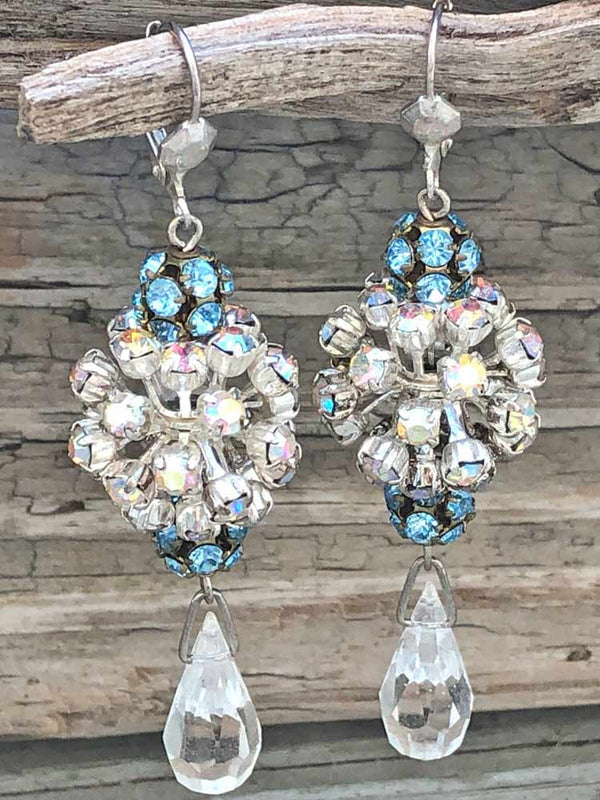 Glamour Clear AB Crystal Spunk Spike Cluster Blue Burst Briolette Drop Earrings