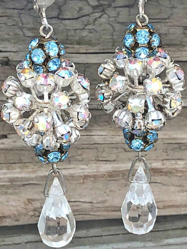 Glamour Clear AB Crystal Spunk Spike Cluster Blue Burst Briolette Drop Earrings