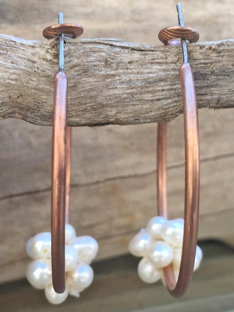 Boho Chic Copper Large Hoop Freshwater Pearl Cluster Earrings