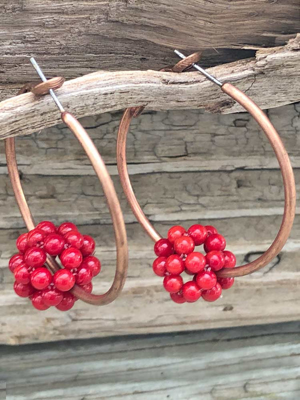 Boho Chic Copper Large Hoop Italian Red Coral Cluster Earrings