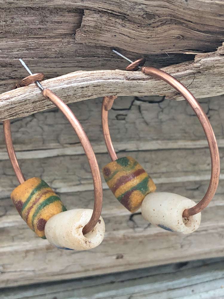 Boho Chic Copper Large Hoop African Trade Bead Earrings