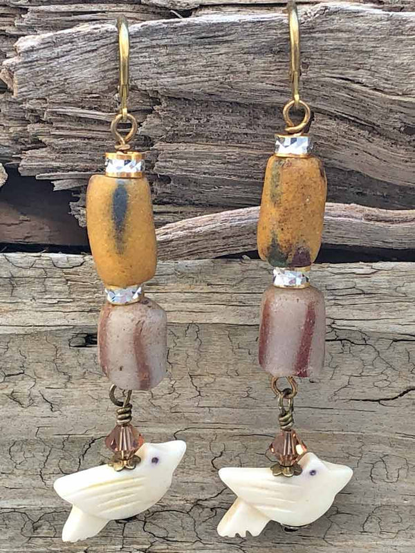 African Trade Bead Carved Bird Bone Fetish Sparkle Accent Dangle Earrings