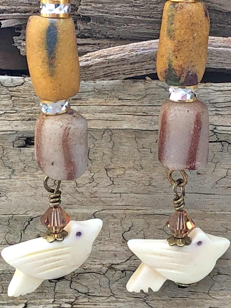 African Trade Bead Carved Bird Bone Fetish Sparkle Accent Dangle Earrings