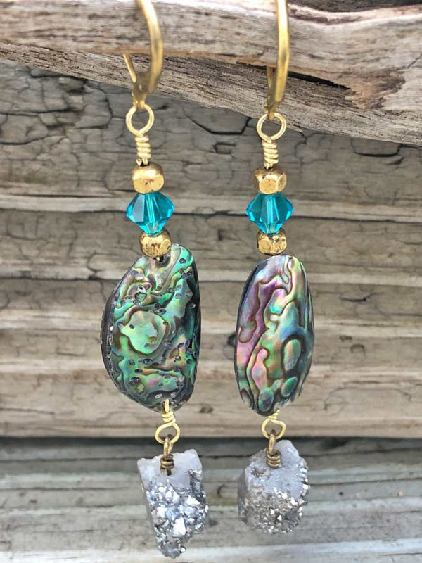 Goddess Mermaid Abalone Shell Silver Druzy Crystal Accent Dangle Earrings