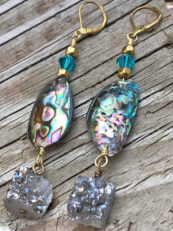 Goddess Mermaid Abalone Shell Silver Druzy Crystal Accent Dangle Earrings