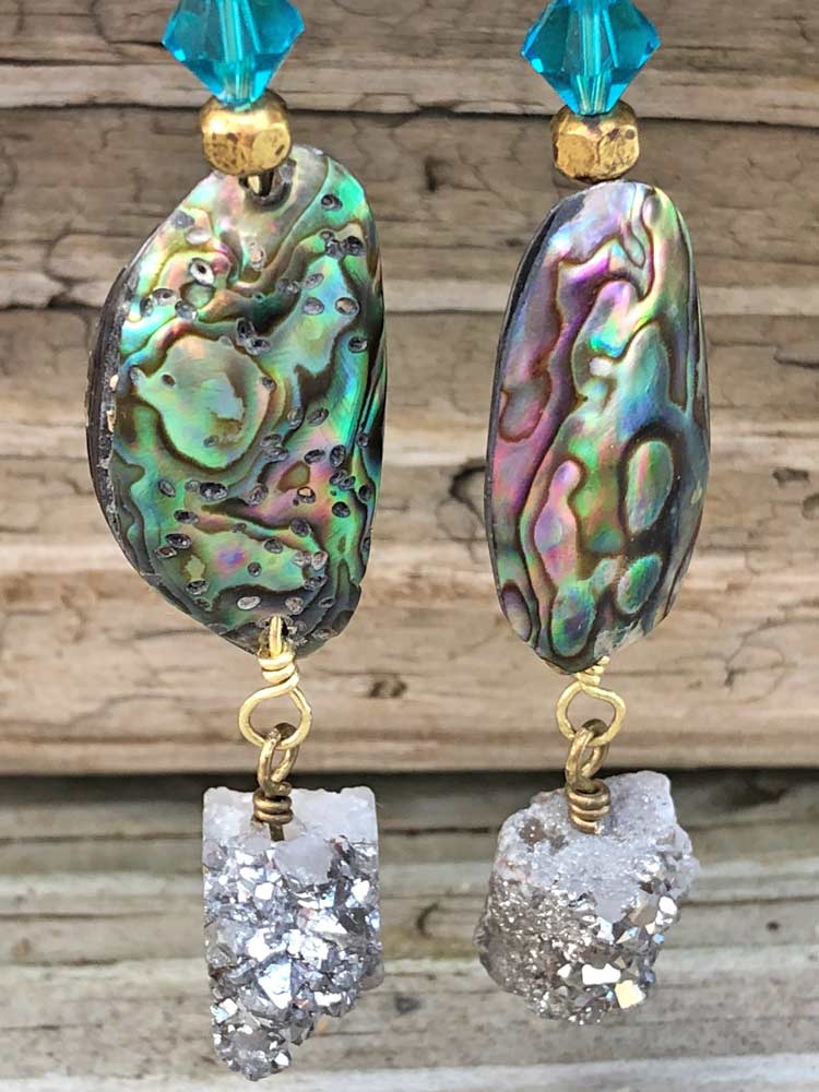 Goddess Mermaid Abalone Shell Silver Druzy Crystal Accent Dangle Earrings