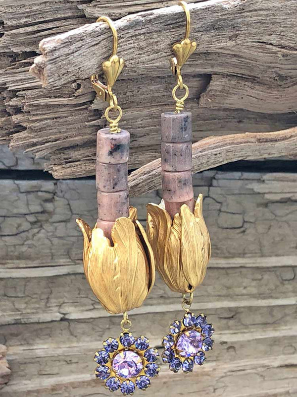 Whimsical Sculpted Brass Tulip Dusty Mauve Lilac Crystal Burst Line Earrings