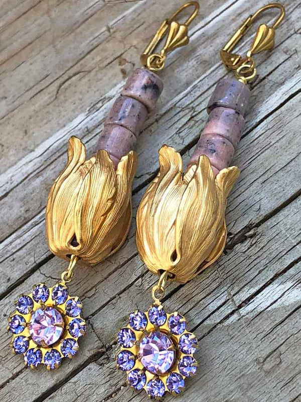 Whimsical Sculpted Brass Tulip Dusty Mauve Lilac Crystal Burst Line Earrings