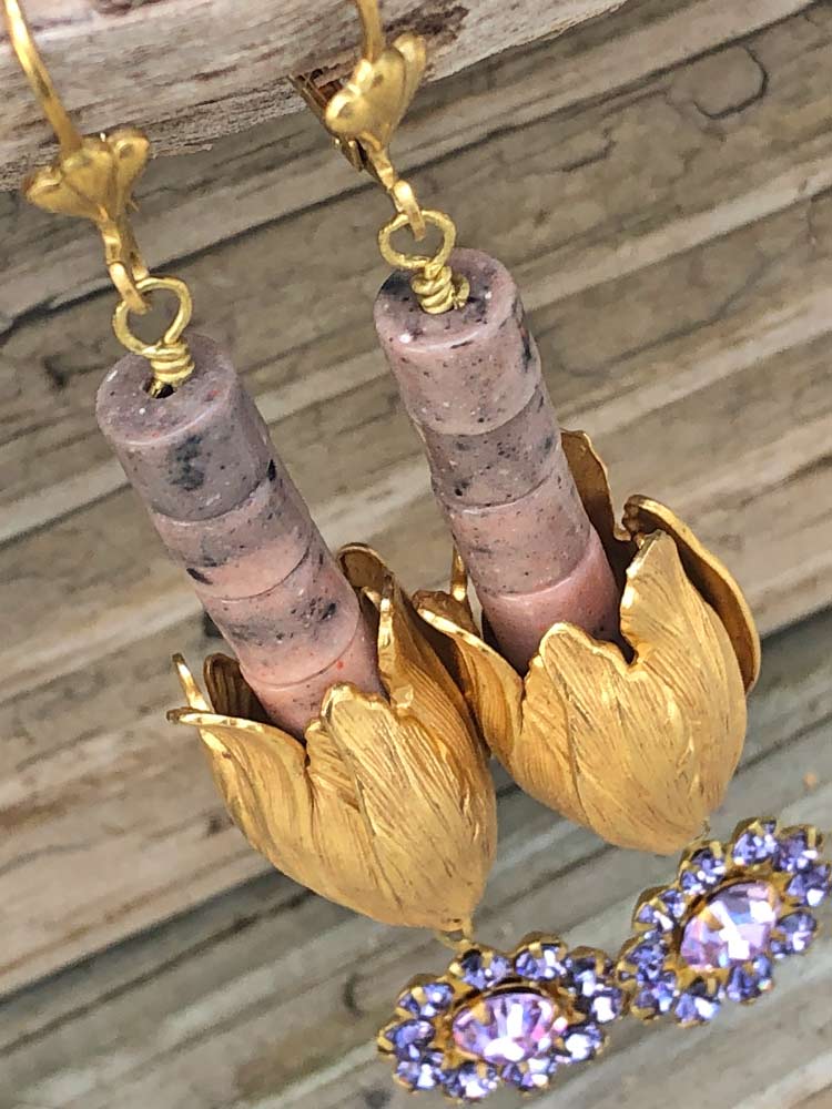 Whimsical Sculpted Brass Tulip Dusty Mauve Lilac Crystal Burst Line Earrings