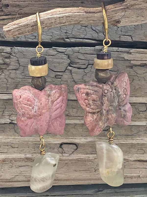 Garden Boho Large Rhodonite Buttefly Rustic Freeform Moonstone Earrings