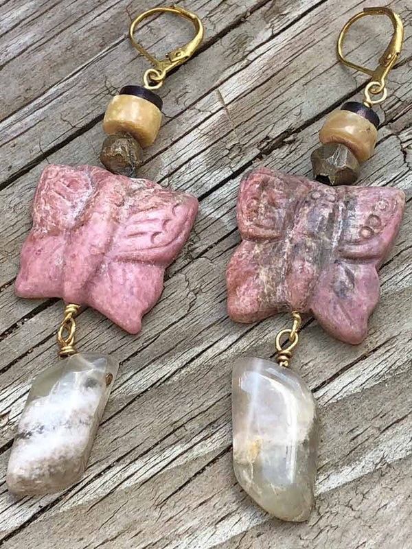 Garden Boho Large Rhodonite Buttefly Rustic Freeform Moonstone Earrings