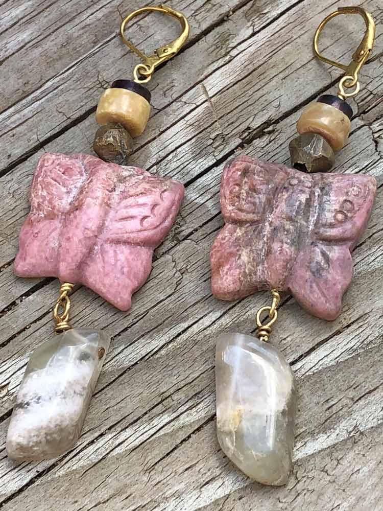 Garden Boho Large Rhodonite Buttefly Rustic Freeform Moonstone Earrings