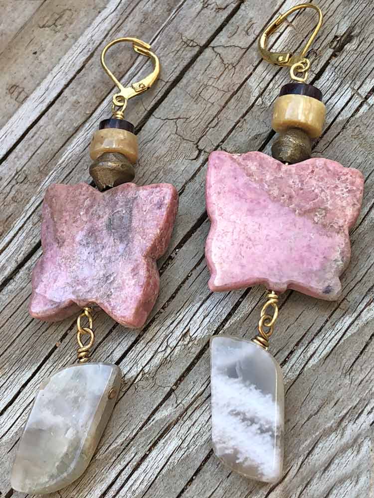 Garden Boho Large Rhodonite Buttefly Rustic Freeform Moonstone Earrings